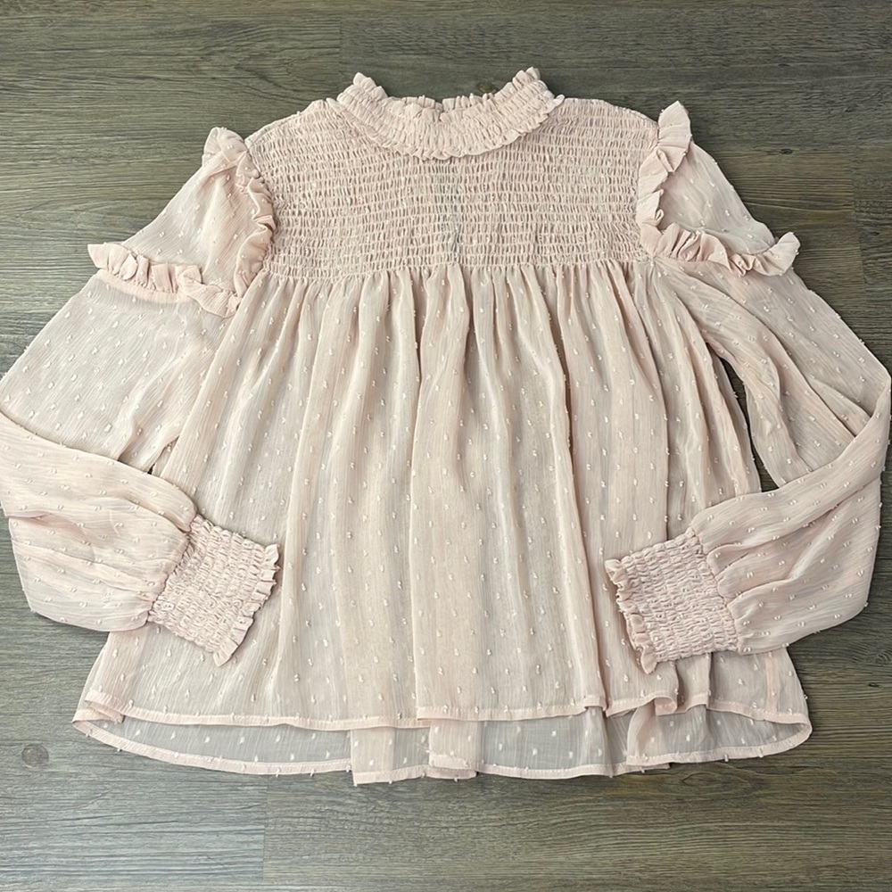 Endless Rose Women’s Tan Sheer High Neck Smocked High Neck Blouse, size small